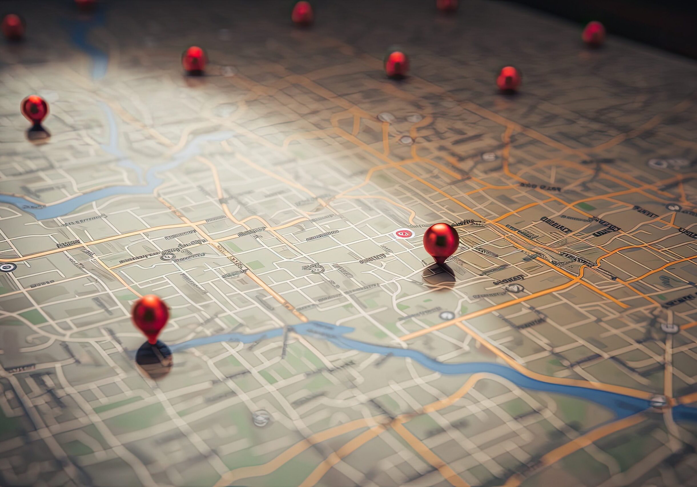 vecteezy_map-of-the-city-with-red-pins-on-it-conceptual-image-find_33650427 Map of the city with red pins on it. Conceptual image, Find your way. Location marking with a pin on a map with routes, AI Generated